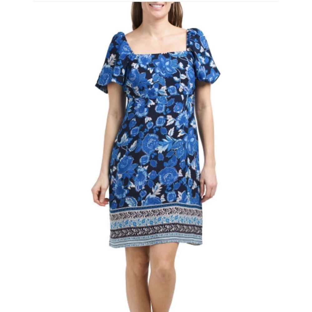 Julia Jordan Dress Women's 14 Blue Floral Puff Sleeve Square‎ Neck Mini Sheath